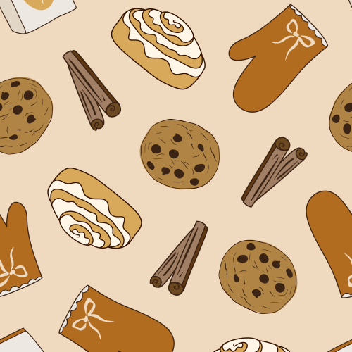 Tossed Autumn sweet baking treats, cinnamon scrolls, choc chip cookies, oven mitts, flour