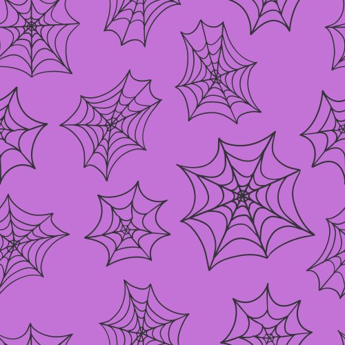 black, hand-drawn spider webs in a tossed pattern on a purple background