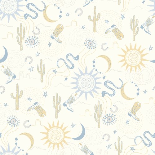 Mystical desert sky and cowgirl motifs with boots, horseshoe, suns, snakes and a cactus