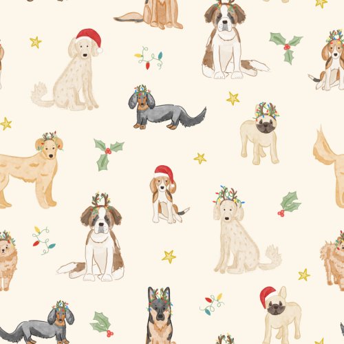 Watercolor Christmas dogs and stars, a minimal Christmas pattern.