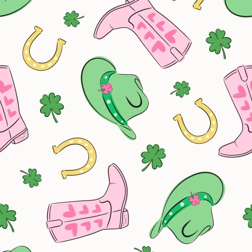 Tossed western boots, hats, horse shoe, clovers