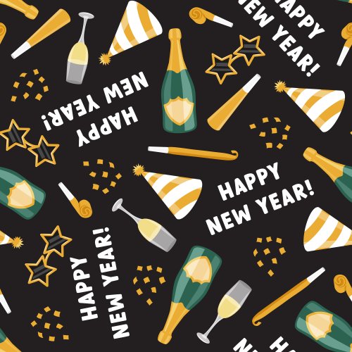 Happy New Year Pattern with Champagne bottles and glasses, new year eve hat and glasses