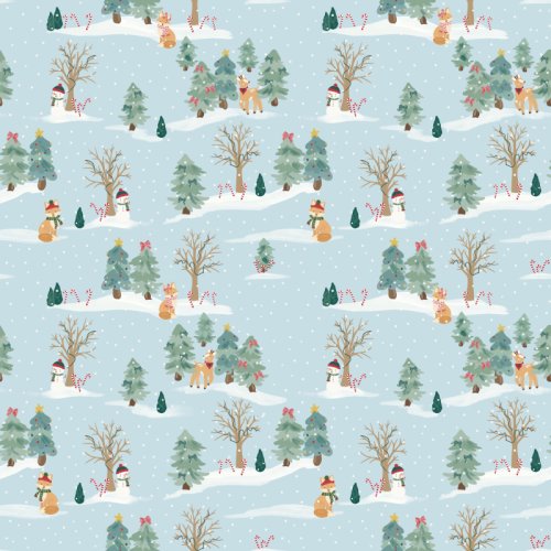 Christmas foxes and deers playing in a snowy scene on a blue ice background