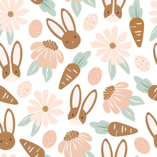 Easter fabric design with flowers, bunnies, carrots and easter eggs