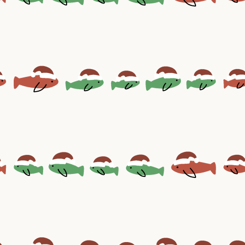 festive fish in rows with christmas hats