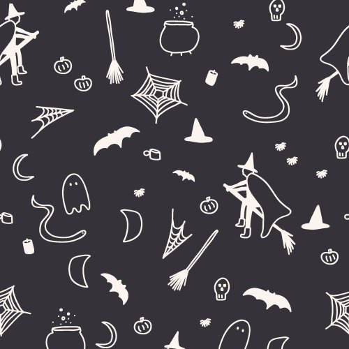 Halloween line art with witches, cauldrons, broomsticks, cats, bats, spider, potions, ghosts and snakes in midnight, cream white, and cloudy purple, as part of the larger spooky simple collection