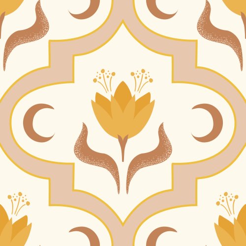 Geometric tile pattern featuring golden crocus flowers, crescent moons and decorative Moroccan-inspired arches in warm neutral tones.