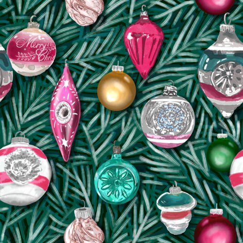 Christmas tree ornaments close up on pine branches for a vintage look