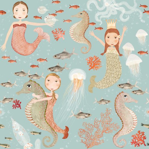 Mermaids riding seahorse surrounded by fish and jellyfish, an enchanting underwater scene with a whimsical ocean feel.