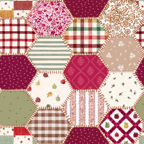 mix of plaids, dots, and apple prints in a hexagonal shaped patchwork