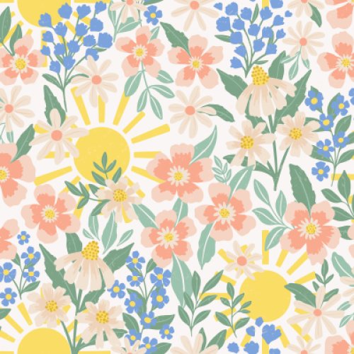A dense, cheerful floral pattern featuring peach and cream flowers, small blue blossoms, green foliage and bright yellow sunshine motifs on an off-white background.