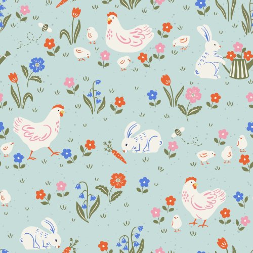 Hand-drawn Easter-inspired pattern featuring chickens, chicks, bunnies, bees, tulips, lilies of the valley, watering cans, and scattered florals on a light blue background, illustrated in a cheerful spring color palette with a cozy handmade feel