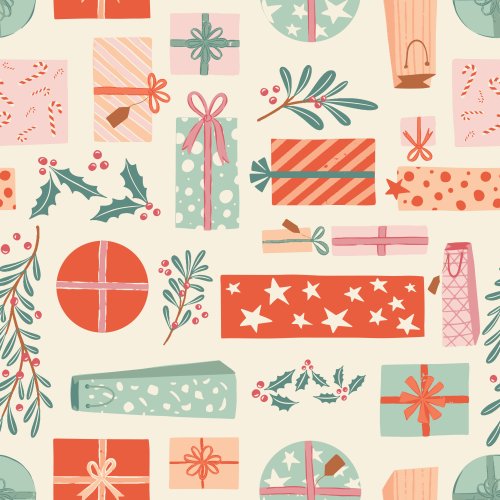 Whimsical Christmas pattern featuring wrapped presents, holly, evergreen sprigs, ribbons and gift tags on a cream background