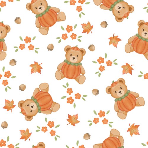Watercolor pumpkin bear multidirectional pattern with florals, acorns, and leaves