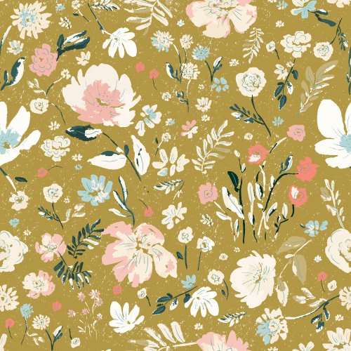 A stunning collection of hand painted florals scattered across a mustard green background