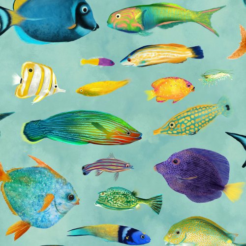 Colorful fish swimming and meeting each other in a playful underwater scene with a soft ocean background.