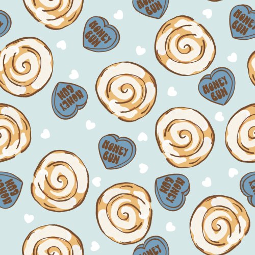 Valentine's Day Fabric Design of hearts and sticky buns cinnamon rolls