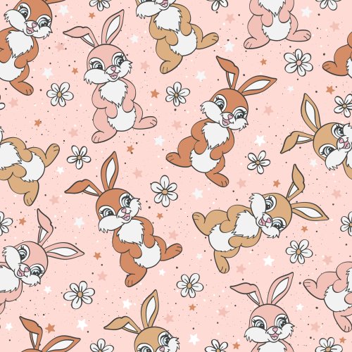 Easter fabric design with easter bunnies, flowers and stars on pink background