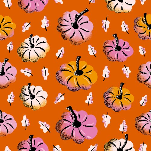 Colorful pumpkins and leaves scattered over a solid background