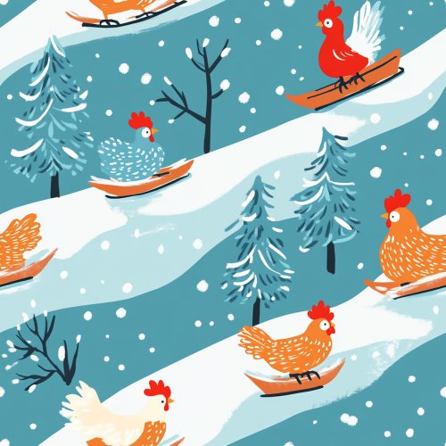 chickens sledding on snow