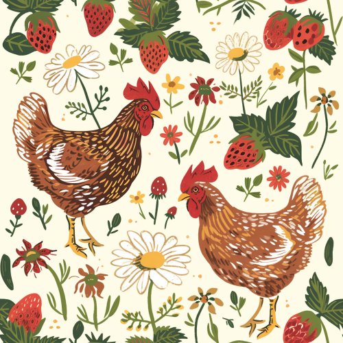 brown chickens and strawberries on cream background