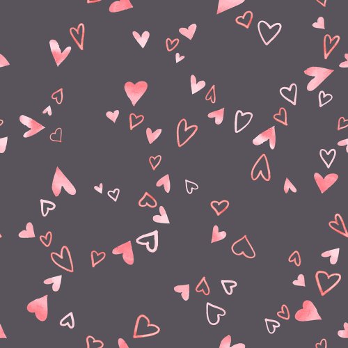 A scattered heart pattern featuring watercolor-style hearts in shades of pink and red on a dark grey background. The hearts vary in shape, with some outlined and others solid, creating a playful, romantic aesthetic suitable for Valentine’s Day or whimsical designs.