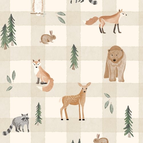 Watercolor woodland animals on a watercolor gingham background. 