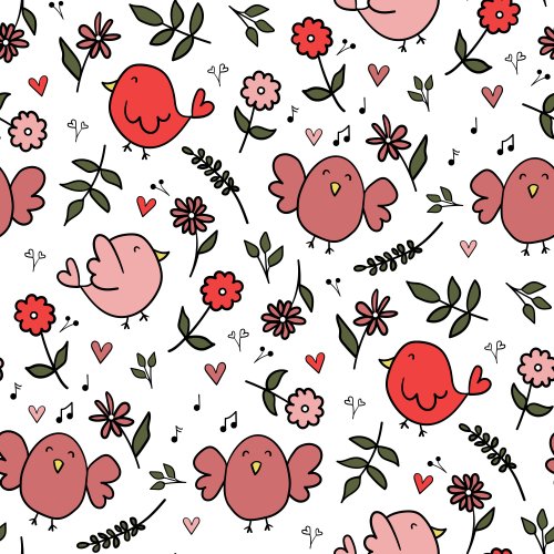 pink birds, flowers, and hearts on a white background
