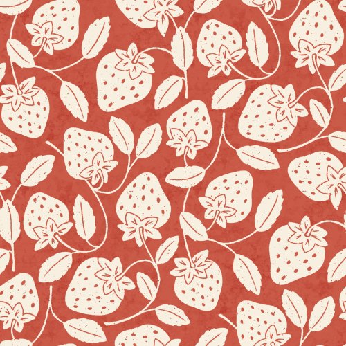 A cozy, high-contrast tossed strawberry vine pattern featuring cream strawberries, blossoms, and simple leaves drawn in a hand-rendered folk style over a warm terracotta/brick red background with subtle texture. 