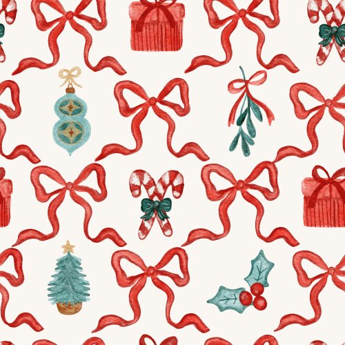 christmas scroll bows with christmas trees, ornaments and candy canes