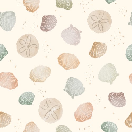 Scattered watercolor seashells and sand in a muted color palette.