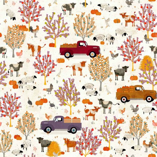 Charming farm scene with trucks, trees, chickens, cows, and sheep scattered across a soft background.