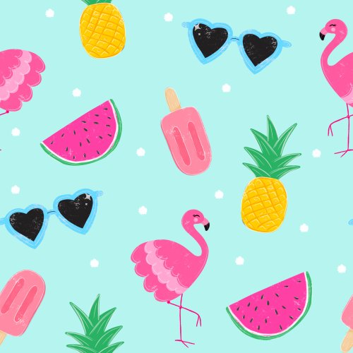 Fun Sumer design with fruit, flamingos, and sunglasses