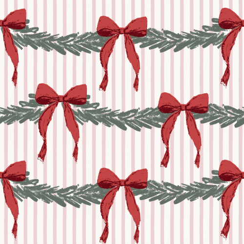 hand painted garland with textured bows on a dark blue background with lighter blue subtle thin stripes