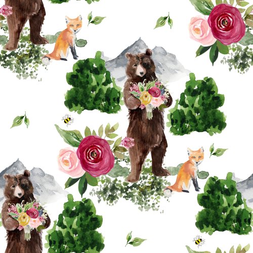 bear and fox in forest with floral