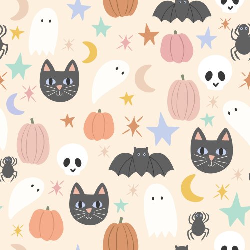 Spooky Cute Halloween bats, skeletons, pumpkins, stars, and sparkle in light grey, cream, grey, orange, pink, and teal.