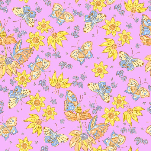 Spring Bohemia Butterfly Garden in Pink. Butterflies, yellow boho retro flowers on pink