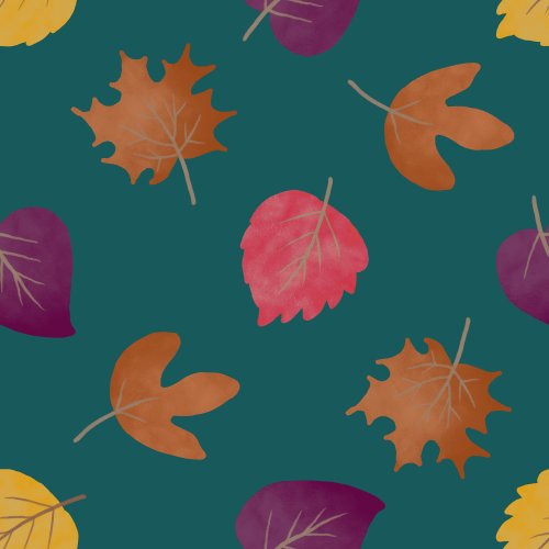 jewel toned fall leaves in pink, orange, gold on a turquoise background