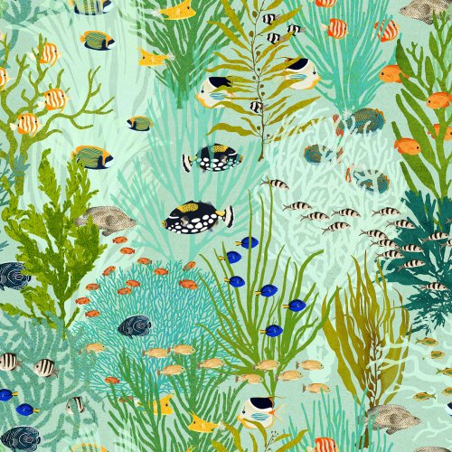 Bright tropical underwater scene with colorful fish swimming among seaweed and coral in a lively ocean reef design.