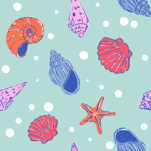 Tossed sea shells in bright red, orange and cobalt blue on soft teal with scattered bubbles