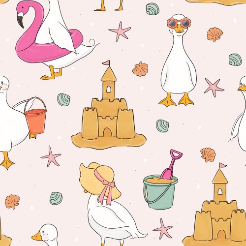 Whimsical geese at the beach with sandcastles 