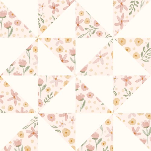 Dainty watercolor florals arranged in a pinwheel quilt block offset by white triangles.