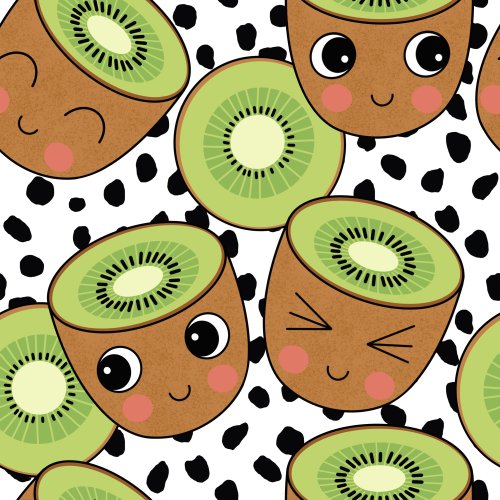 colorful kiwi with smiley faces on black and white dot background