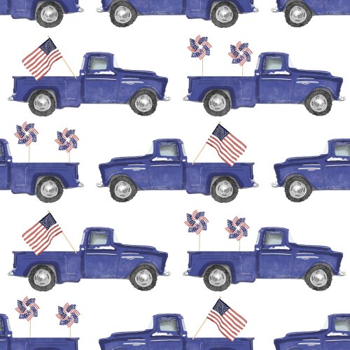 vintage blue trucks with American flags done in watercolor on white background