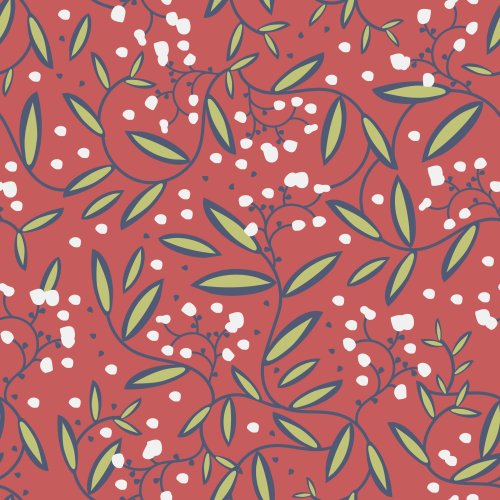 Winding vines and white berries dance and curl as a support pattern.