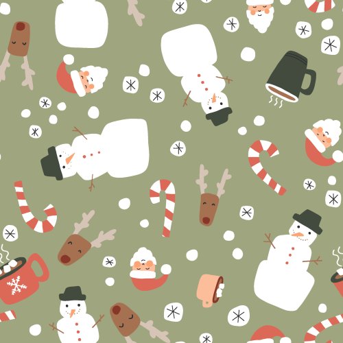 A scatter of holiday things and winter snow with snowmen, reindeer, Santa Claus, hot cocoa, and candy canes in modern festive colors like light green, beige, and dark green, as part of the snowy holiday collection