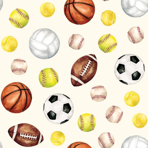 Watercolor sports design with volleyball, basketball, baseball, soccer, softball, tennis