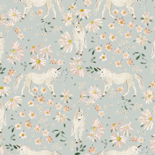 Whimsical watercolor unicorns and daisy florals in a light pastel color palette.