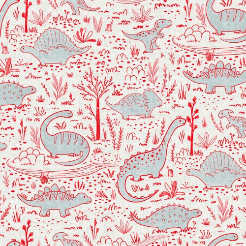 Simple line drawings of dinosaurs arranged across a soft neutral background, a gentle prehistoric design.