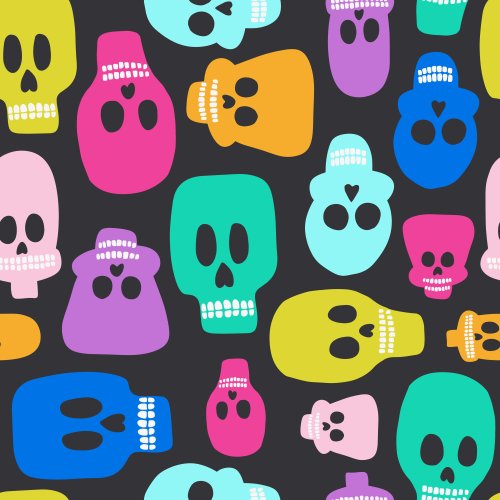 cute, brightly-colored, hand-drawn skulls on a black background